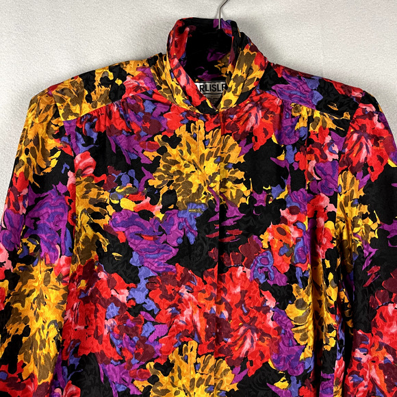 Carlisle Floral 100% Silk Top Womens 10 Blouse Colorful Bright Shoulder Pads - Picture 2 of 16
